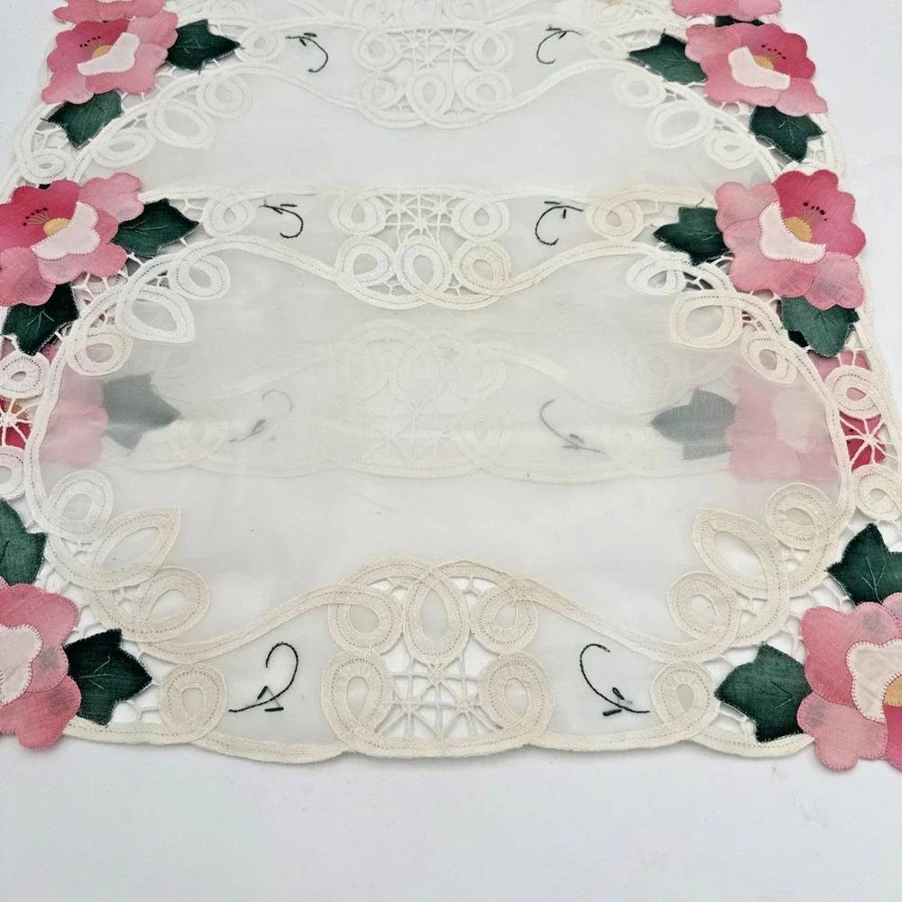 VTG Embroidered Lace Applique Placemats Set 5 Pink Floral Sheer Cottage Chic